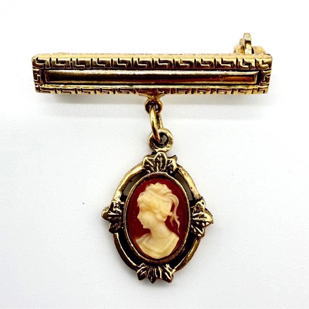 Vintage Gold Tone Cameo Dangle Bar Brooch Pin Victorian Lady Portrait‎ Pendant
